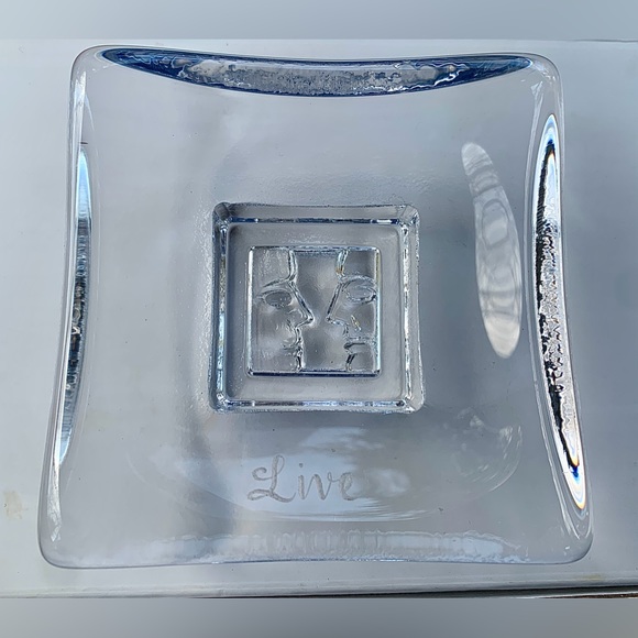 Kosta Boda "Live" Square Footed Thick Concave Glass Trinket Dish Two Faces - Picture 6 of 9